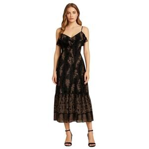 LOST + WANDER Black Embroidered Ruffle Midi Dress Size L Boho Romantic Floral